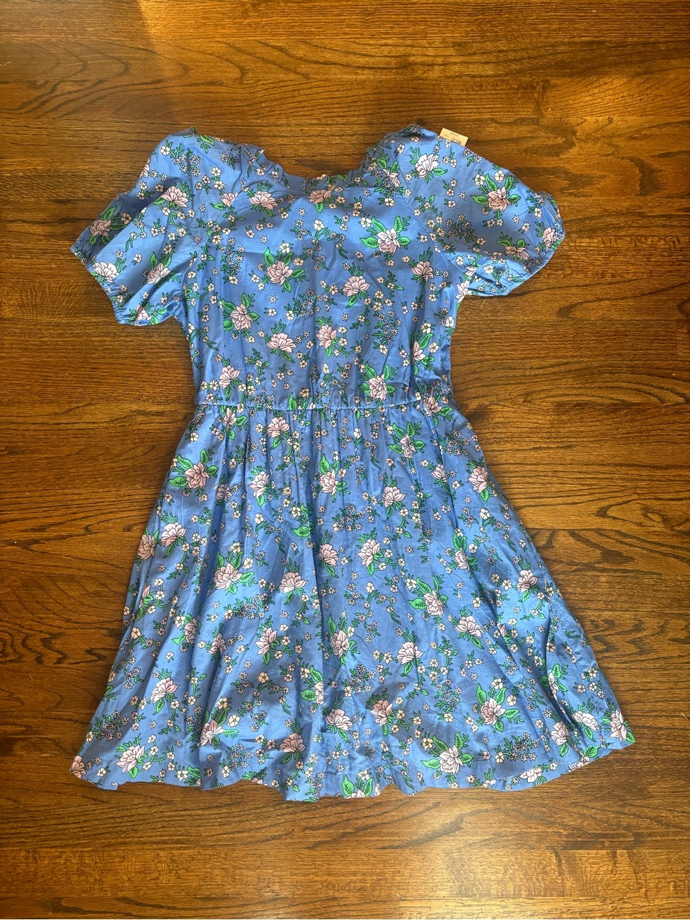J. Crew Blue Floral poplin Dress with puff sleeve tie back 100% cotton